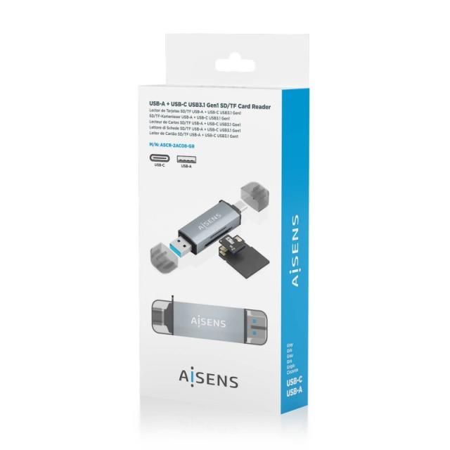 AISENS - Lector de Tarjetas SD, Micro SD, MMC, RS-MMC, MMC Micro, USB-A y USB-C, Gris - ASCR-2AC08-GR