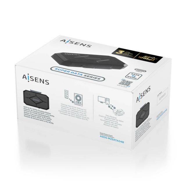 AISENS - Estación de Docking SATA 2.5/3.5, M.2 NVMe a USB 3.0/3.1 Gen1, Clone, Negro