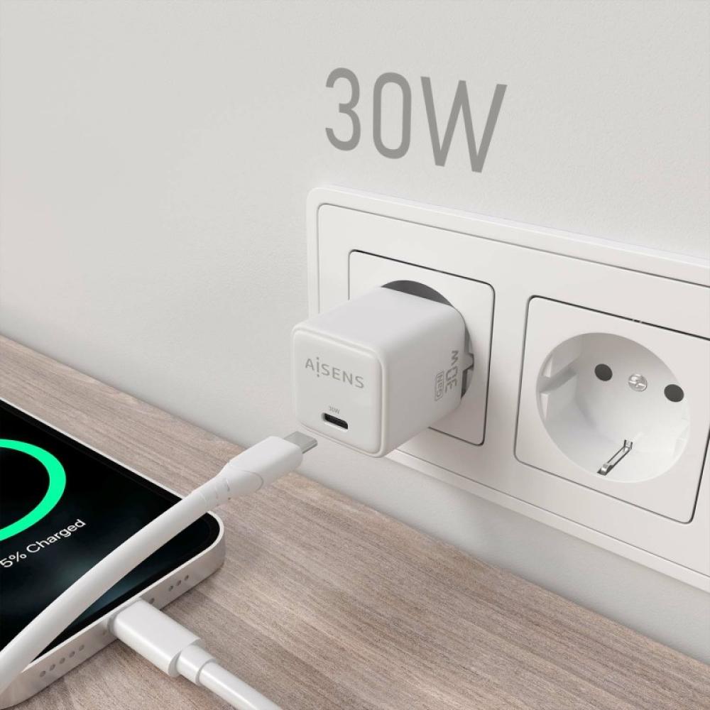 AISENS - Cargador Gan 30W, 1xUSB-C PD3.0 QD4.0, Blanco