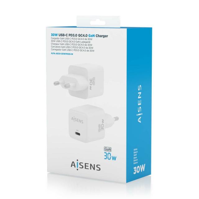 AISENS - Cargador Gan 30W, 1xUSB-C PD3.0 QD4.0, Blanco