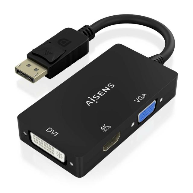 AISENS - Conversor Displayport V1.2 a VGA/DVI/HDMI, DP 1.2/M-VGA/H-DVI/H-HDMI/H 4K, Negro, 15cm