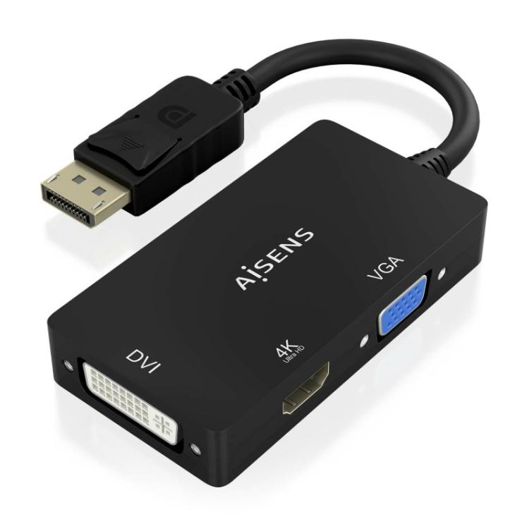 AISENS - Conversor Displayport V1.2 a VGA/DVI/HDMI, DP 1.2/M-VGA/H-DVI/H-HDMI/H 4K, Negro, 15cm