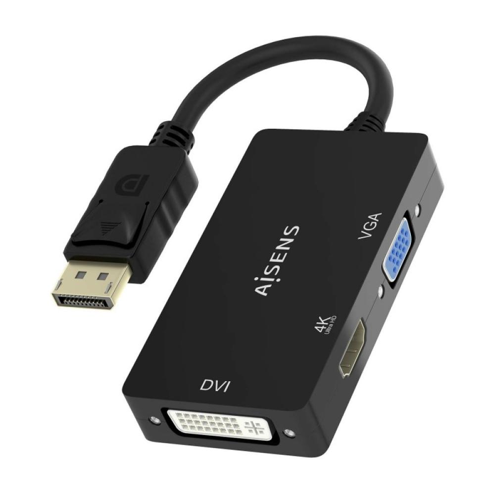 AISENS - Conversor Displayport V1.2 a VGA/DVI/HDMI, DP 1.2/M-VGA/H-DVI/H-HDMI/H 4K, Negro, 15cm