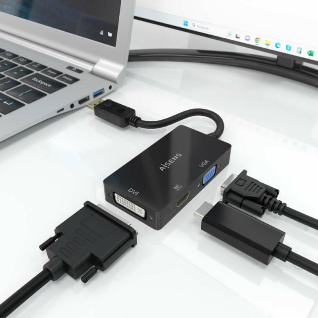 AISENS - Conversor Displayport V1.2 a VGA/DVI/HDMI, DP 1.2/M-VGA/H-DVI/H-HDMI/H 4K, Negro, 15cm