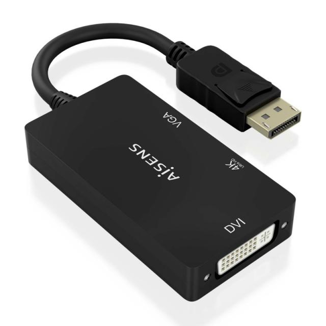 AISENS - Conversor Displayport V1.2 a VGA/DVI/HDMI, DP 1.2/M-VGA/H-DVI/H-HDMI/H 4K, Negro, 15cm