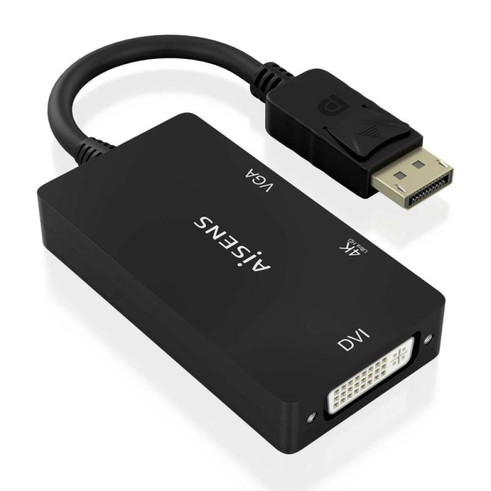 AISENS - Conversor Displayport V1.2 a VGA/DVI/HDMI, DP 1.2/M-VGA/H-DVI/H-HDMI/H 4K, Negro, 15cm