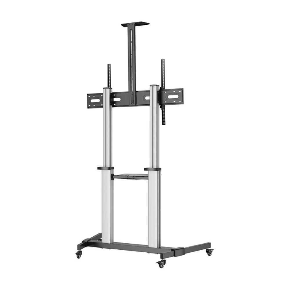 AISENS - Soporte de suelo PRO con ruedas, bandeja para DVD y soporte de cámara para Monitor/TV 100Kg de 60-100, Negro-Plata