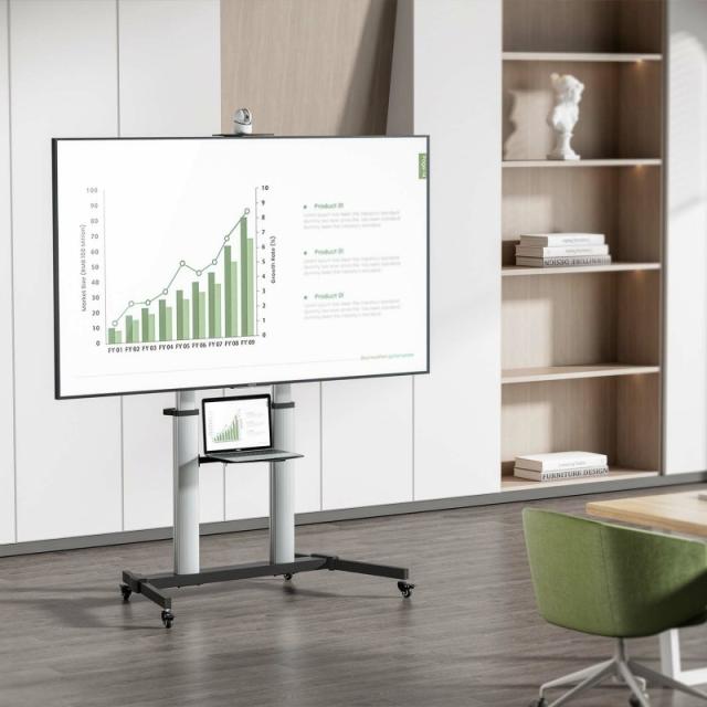 AISENS - Soporte de suelo PRO con ruedas, bandeja para DVD y soporte de cámara para Monitor/TV 100Kg de 60-100, Negro-Plata
