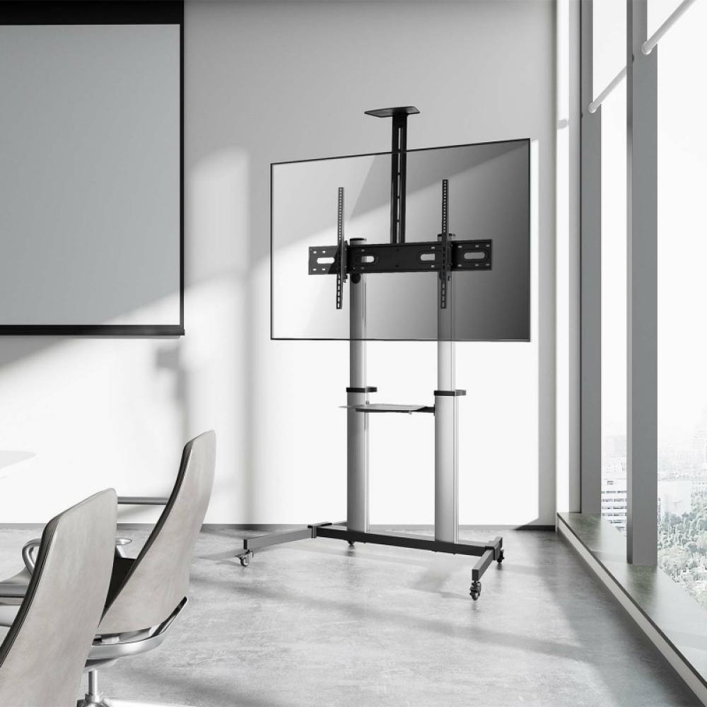 AISENS - Soporte de suelo PRO con ruedas, bandeja para DVD y soporte de cámara para Monitor/TV 100Kg de 60-100, Negro-Plata