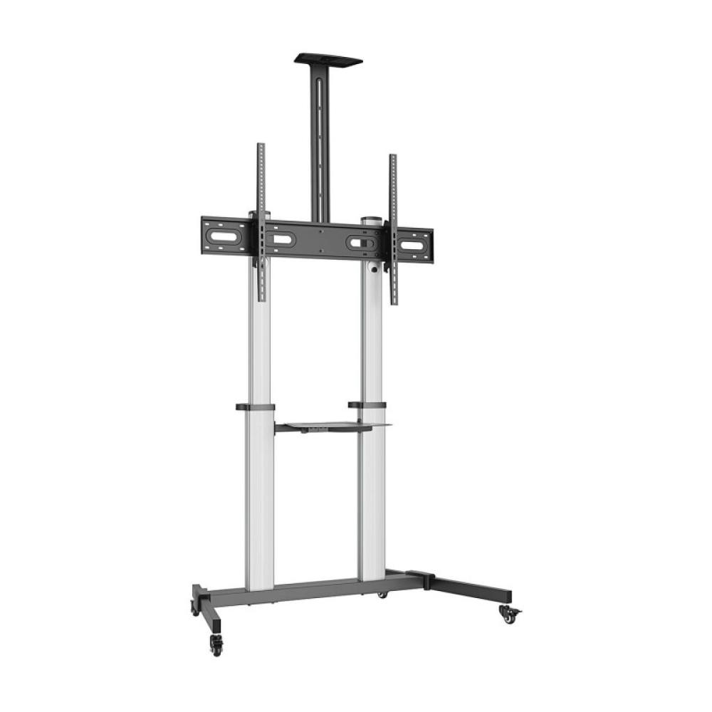 AISENS - Soporte de suelo PRO con ruedas, bandeja para DVD y soporte de cámara para Monitor/TV 100Kg de 60-100, Negro-Plata
