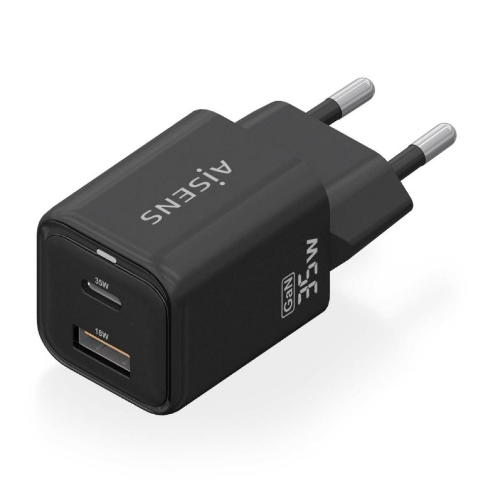 AISENS - Cargador Gan 35W, 1xUSB-C PD3.0 QC4.0, 1xUSB-A QC3.0, Negro