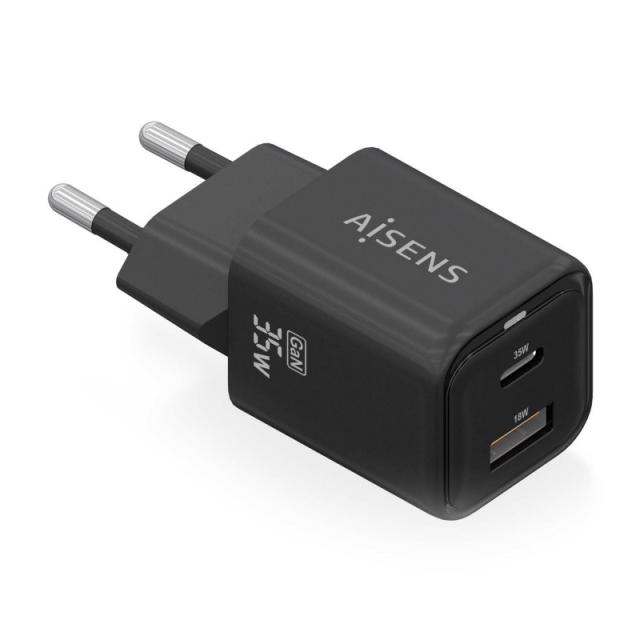 AISENS - Cargador Gan 35W, 1xUSB-C PD3.0 QC4.0, 1xUSB-A QC3.0, Negro