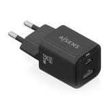 AISENS - Cargador Gan 35W, 1xUSB-C PD3.0 QC4.0, 1xUSB-A QC3.0, Negro