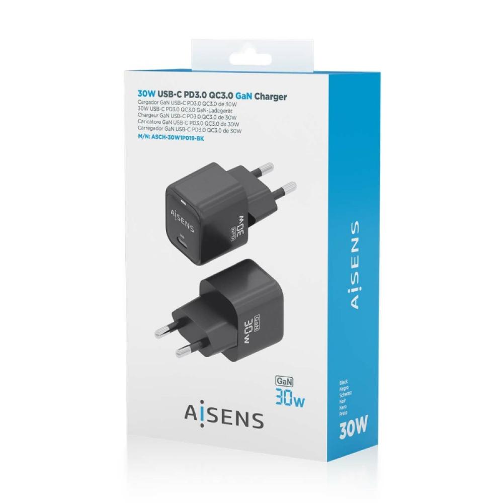 AISENS - Cargador Gan 30W, 1xUSB-C PD3.0 QD4.0, Negro - ASCH-30W1P019-BK