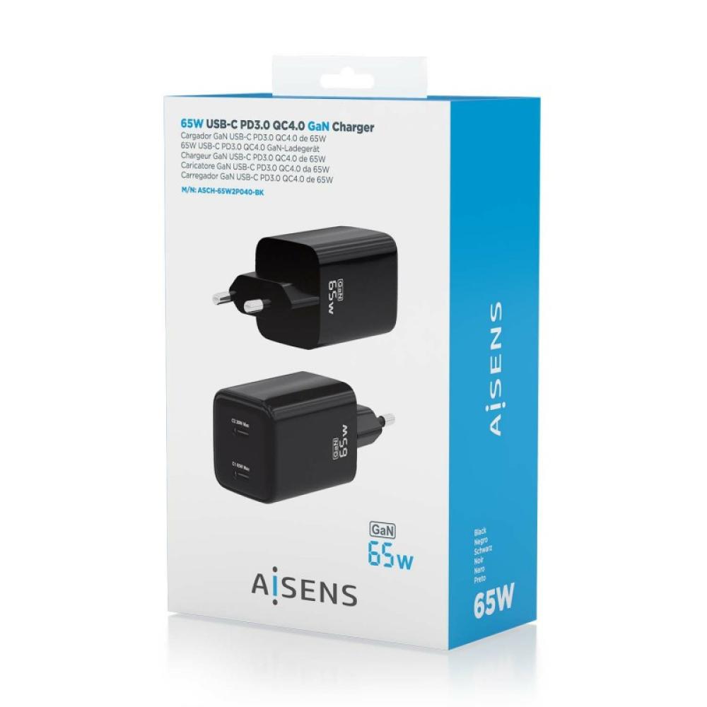 AISENS - Cargador Gan 65W, 2xUSB-C PD3.0 QD4.0, Negro