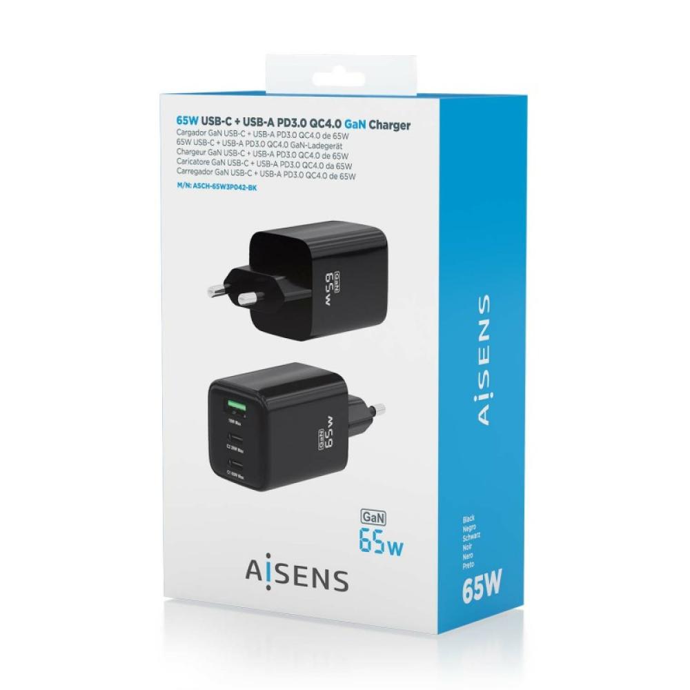 AISENS - Cargador Gan 65W, 2xUSB-C PD3.0 QC4.0, 1xUSB-A QC3.0, Negro - ASCH-65W3P042-BK
