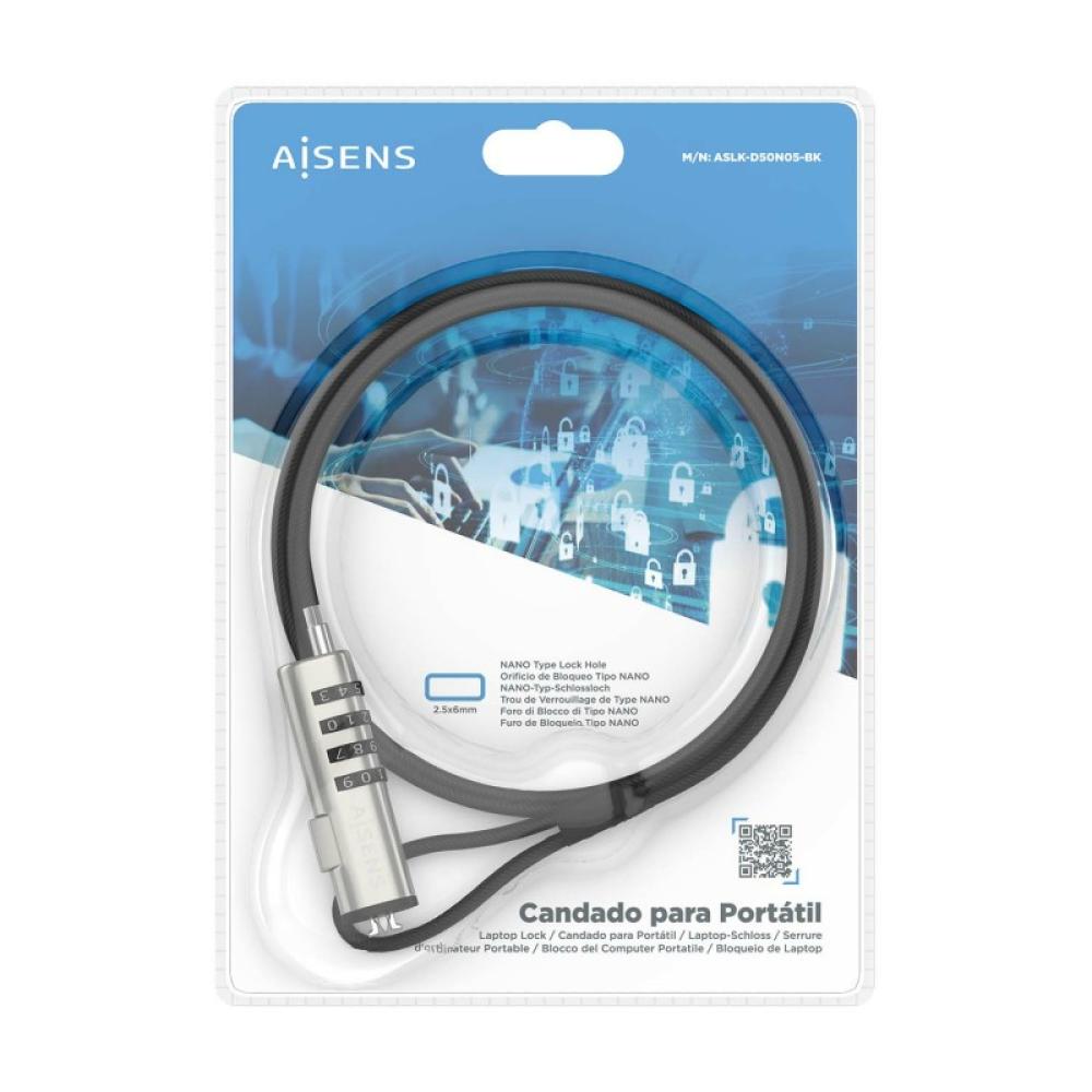 AISENS - Cable de Seguridad tipo NANO con cerradura de combinación para ordenador, monitor, portátil 1.5m