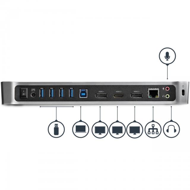 StarTech.com - Docking Station USB 3.0 2x DisplayPort y HDMI 4K para 3 Monitores - Hub 5x USB-A (1x Fast Charge) - Audio de 3,5m