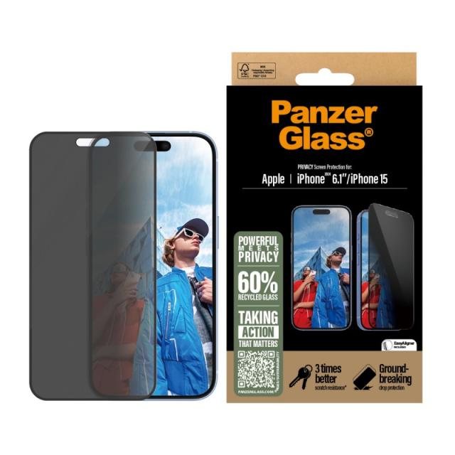 PanzerGlass - Privacy Screen Protector iPhone 16 / 15 / Ultra-Wide Fit w. EasyAligner Protector de pantalla Apple 1 pieza(s)