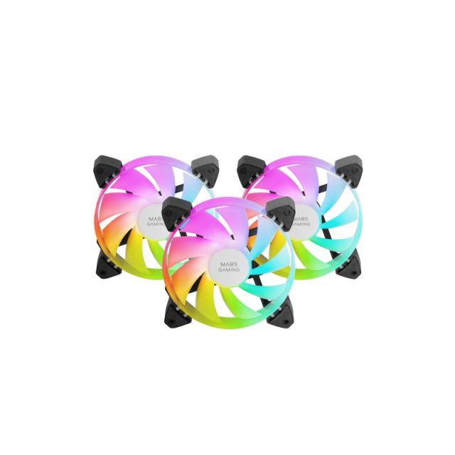 Mars Gaming - MF-3A, Kit 3x Ventiladores FDB Ultrasilenciosos 120mm, Iluminación ARGB Rainbow 360º Sin Marco, Ventialdores 3en1
