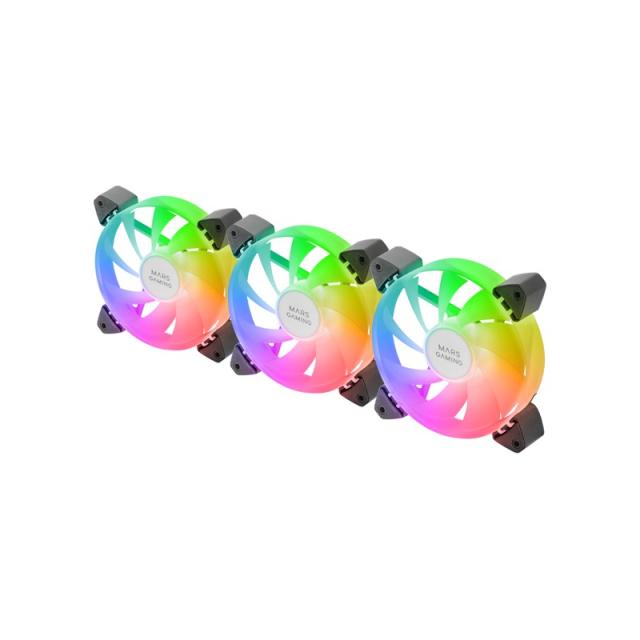 Mars Gaming - MF-3A, Kit 3x Ventiladores FDB Ultrasilenciosos 120mm, Iluminación ARGB Rainbow 360º Sin Marco, Ventialdores 3en1