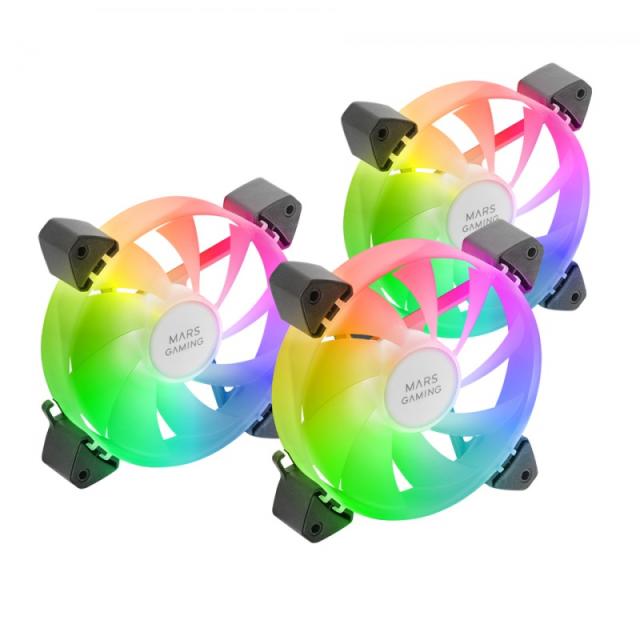 Mars Gaming - MF-3A, Kit 3x Ventiladores FDB Ultrasilenciosos 120mm, Iluminación ARGB Rainbow 360º Sin Marco, Ventialdores 3en1