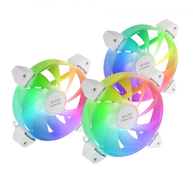 Mars Gaming - MF-3A, Kit 3x Ventiladores FDB Ultrasilenciosos 120mm, Iluminación ARGB Rainbow 360º Sin Marco, Ventialdor - MF3AW