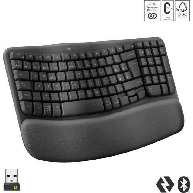 Logitech - Wave Keys, teclado ergonómico inalámbrico con reposamanos acolchado, escritura cómoda y natural, Easy-Switch, Bluetoo