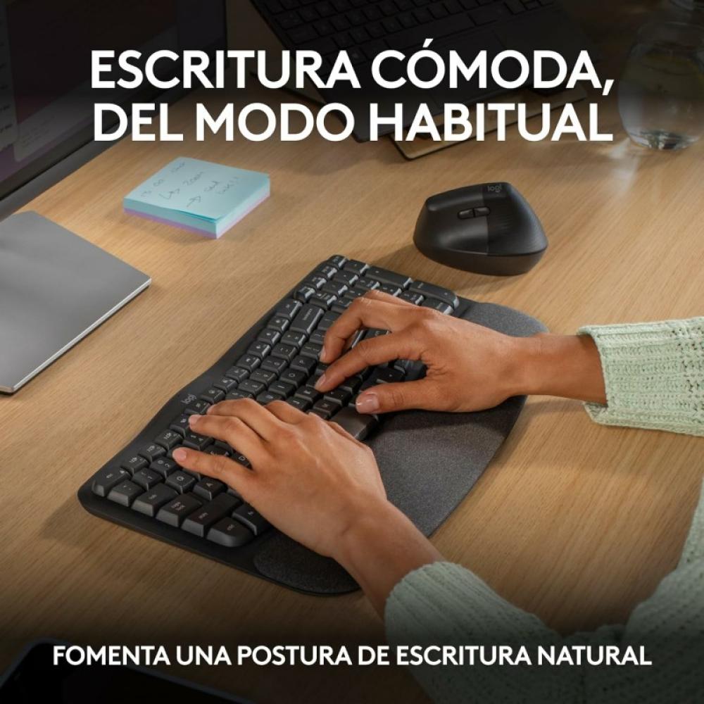 Logitech - Wave Keys, teclado ergonómico inalámbrico con reposamanos acolchado, escritura cómoda y natural, Easy-Switch, Bluetoo