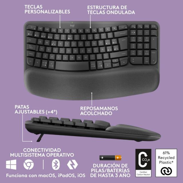 Logitech - Wave Keys, teclado ergonómico inalámbrico con reposamanos acolchado, escritura cómoda y natural, Easy-Switch, Bluetoo