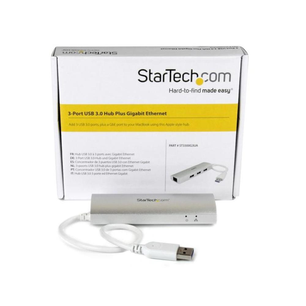 StarTech.com - Hub Ladrón USB 3.0 de 3 Puertos con Adaptador de Red Ethernet Gigabit - Hub Concentrador USB-A - Alimentado por e