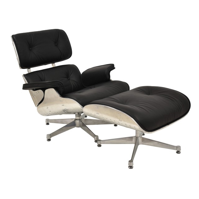 Butaca con ottoman EA, aluminio, base pulida, piel negra