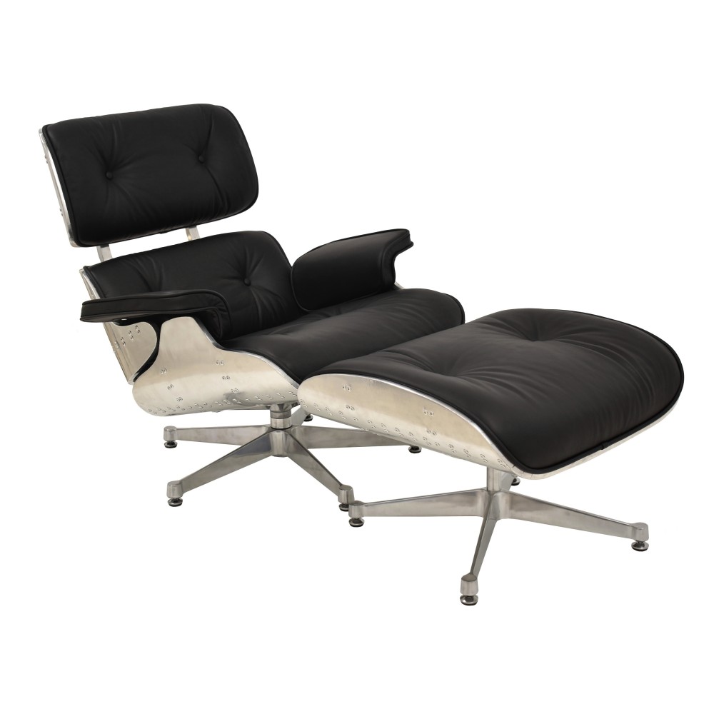 Butaca con ottoman EA, aluminio, base pulida, piel negra