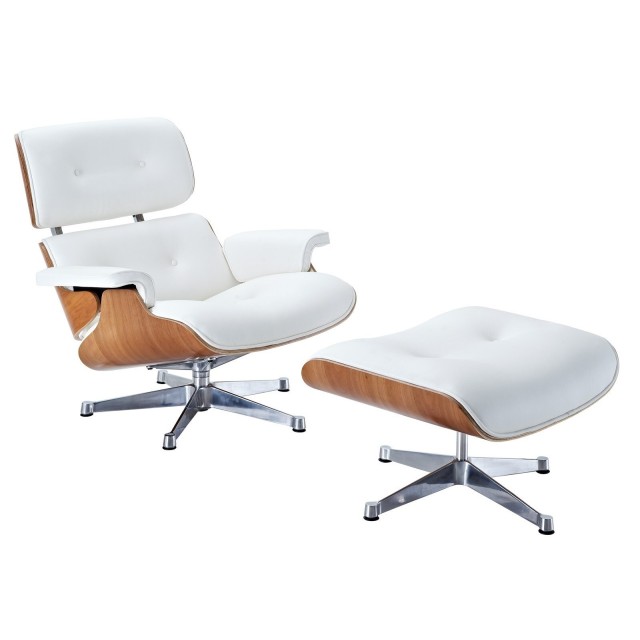 Butaca con ottoman EA HEFRSBL, fresno, base pulida, similpiel blanca