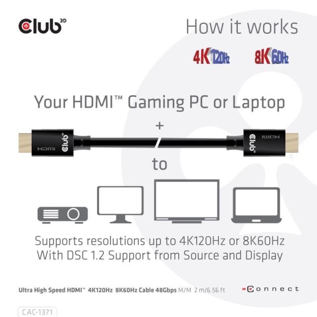 CLUB3D - Ultra High Speed HDMI 4K120Hz, 8K60Hz Certified Cable 48Gbps M/M 1 m/3.28 ft