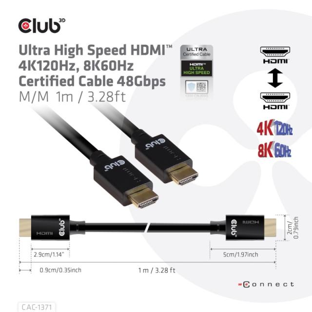 CLUB3D - Ultra High Speed HDMI 4K120Hz, 8K60Hz Certified Cable 48Gbps M/M 1 m/3.28 ft
