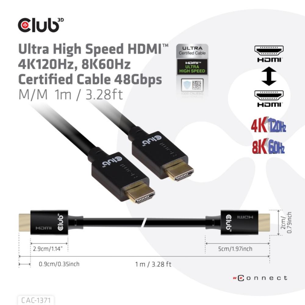 CLUB3D - Ultra High Speed HDMI 4K120Hz, 8K60Hz Certified Cable 48Gbps M/M 1 m/3.28 ft