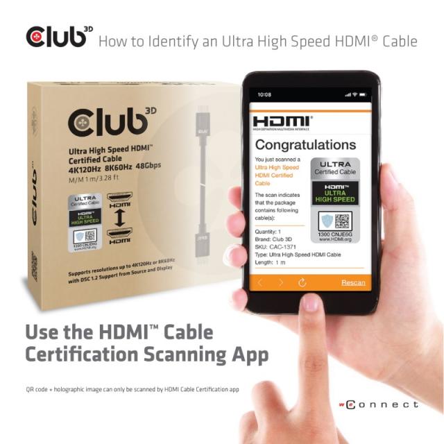 CLUB3D - Ultra High Speed HDMI 4K120Hz, 8K60Hz Certified Cable 48Gbps M/M 1 m/3.28 ft