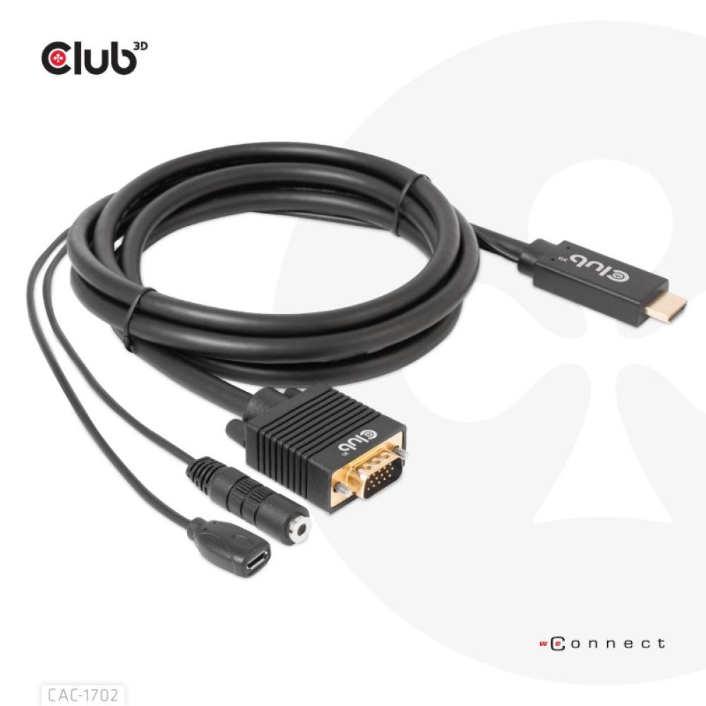 CLUB3D - CAC-1712 adaptador de cable de vídeo 2 m VGA (D-Sub) + 3,5mm HDMI + Micro-USB Negro