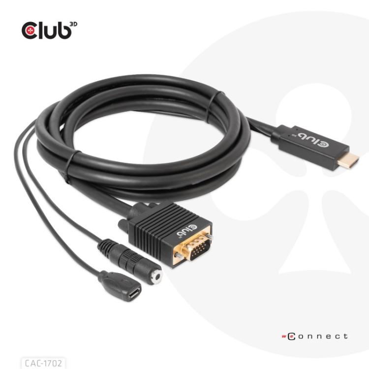 CLUB3D - CAC-1712 adaptador de cable de vídeo 2 m VGA (D-Sub) + 3,5mm HDMI + Micro-USB Negro