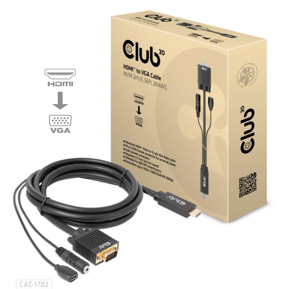 CLUB3D - CAC-1712 adaptador de cable de vídeo 2 m VGA (D-Sub) + 3,5mm HDMI + Micro-USB Negro