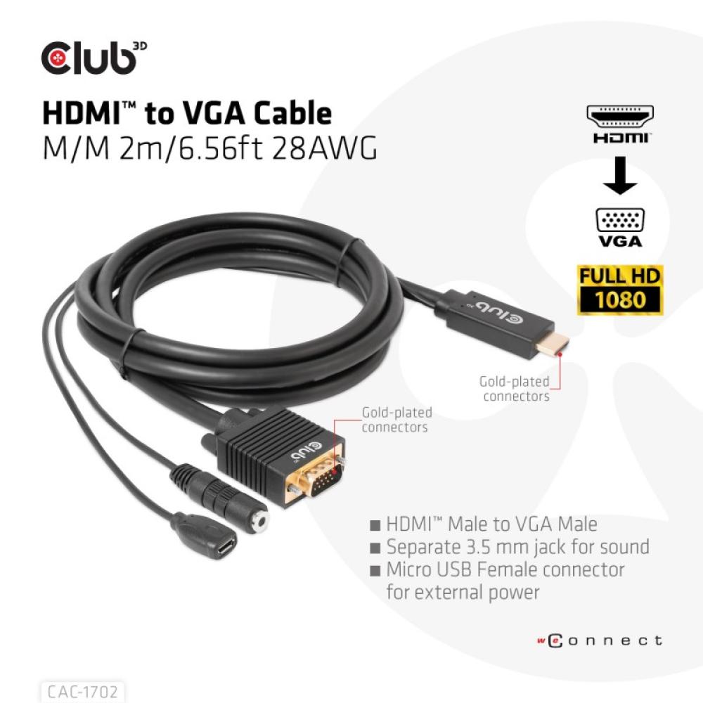 CLUB3D - CAC-1712 adaptador de cable de vídeo 2 m VGA (D-Sub) + 3,5mm HDMI + Micro-USB Negro