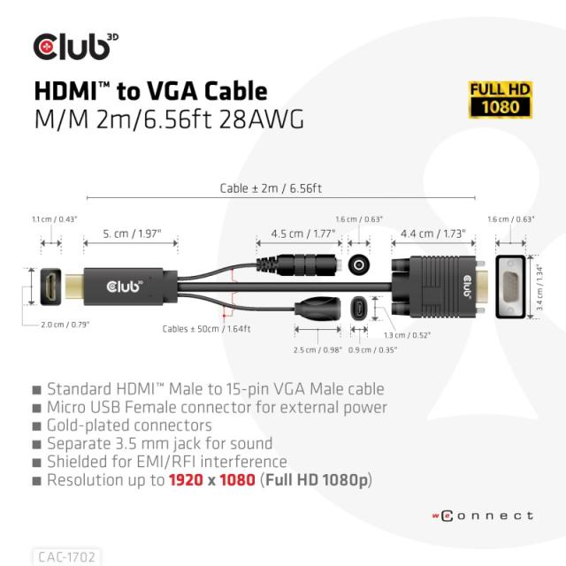 CLUB3D - CAC-1712 adaptador de cable de vídeo 2 m VGA (D-Sub) + 3,5mm HDMI + Micro-USB Negro