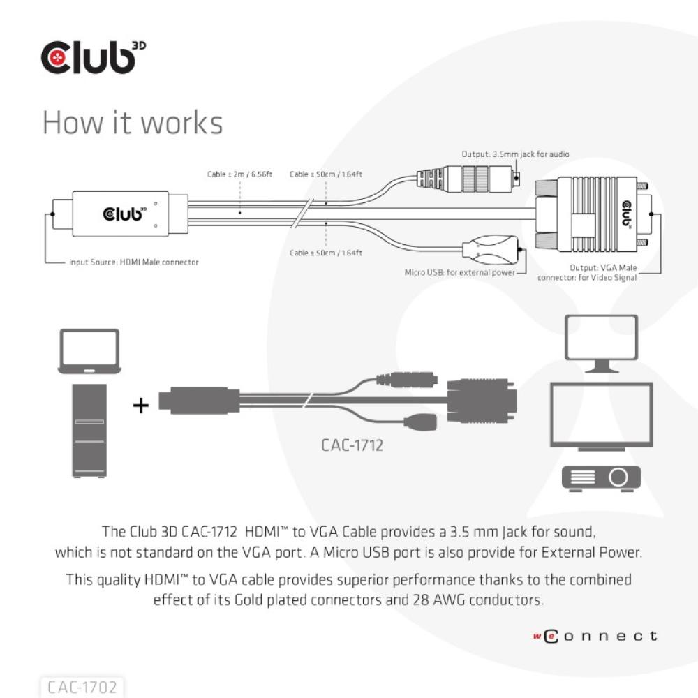 CLUB3D - CAC-1712 adaptador de cable de vídeo 2 m VGA (D-Sub) + 3,5mm HDMI + Micro-USB Negro