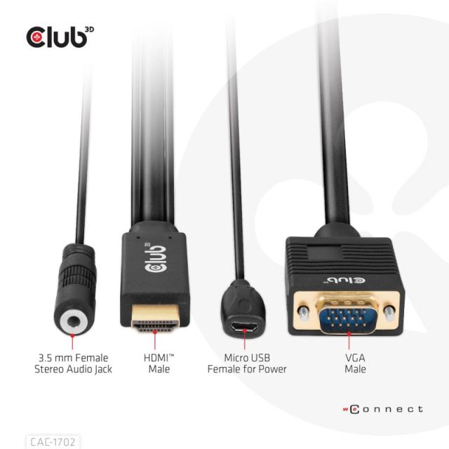 CLUB3D - CAC-1712 adaptador de cable de vídeo 2 m VGA (D-Sub) + 3,5mm HDMI + Micro-USB Negro
