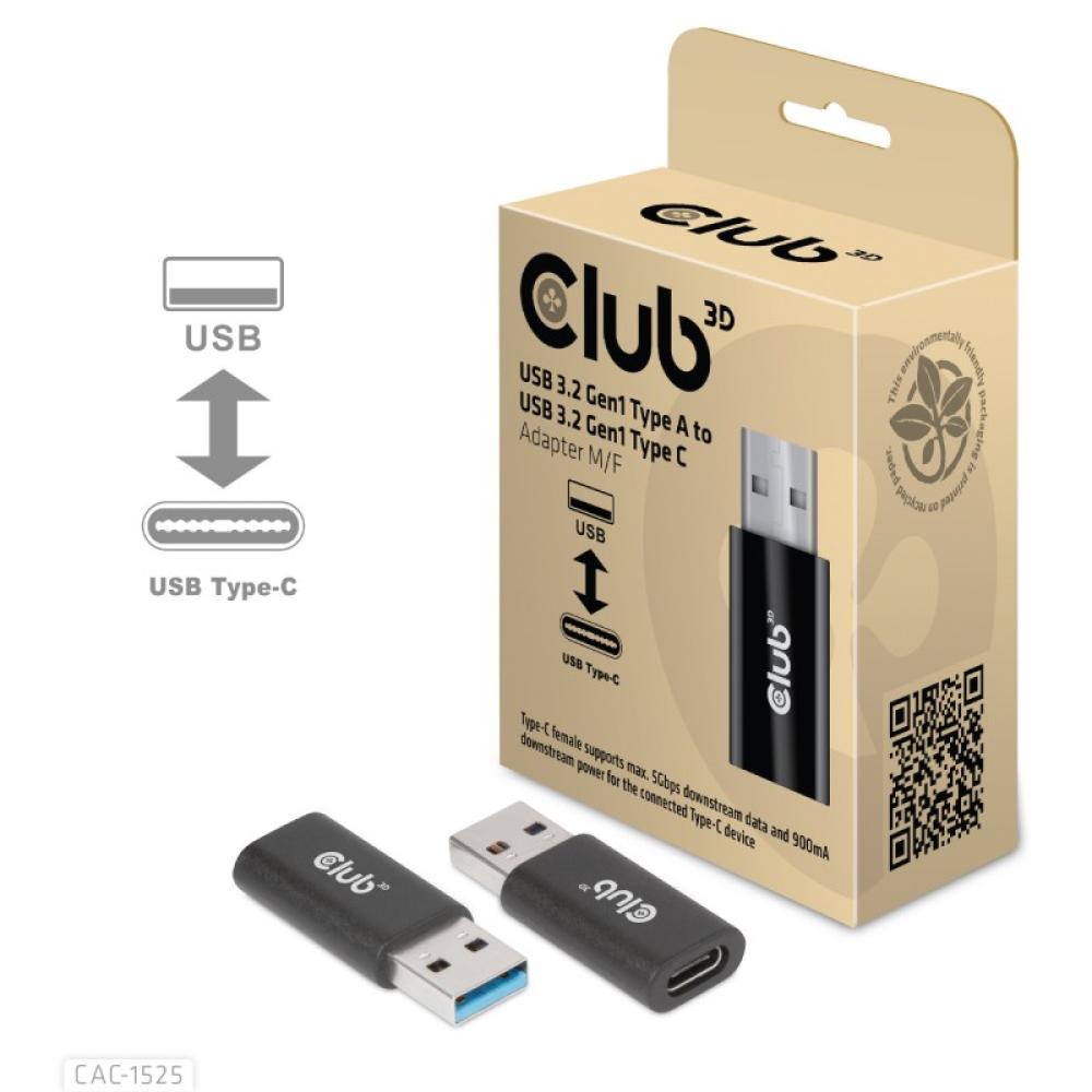 CLUB3D - CAC-1525 cambiador de género para cable USB A USB TYPE C Negro