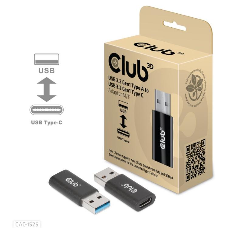 CLUB3D - CAC-1525 cambiador de género para cable USB A USB TYPE C Negro