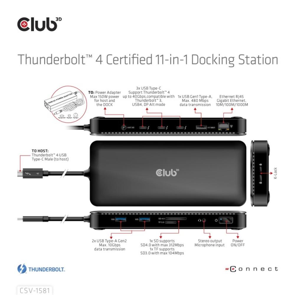 CLUB3D - Estación de acoplamiento 11 en 1 con certificación Thunderbolt™ 4