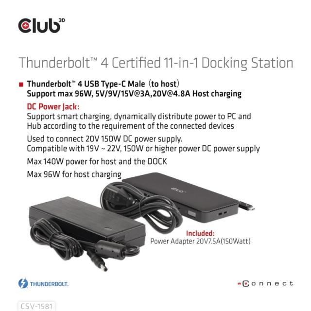 CLUB3D - Estación de acoplamiento 11 en 1 con certificación Thunderbolt™ 4