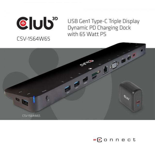 CLUB3D - CSV-1564W65 base para portátil y replicador de puertos Acoplamiento USB 3.2 Gen 1 (3.1 Gen 1) Type-C Negro